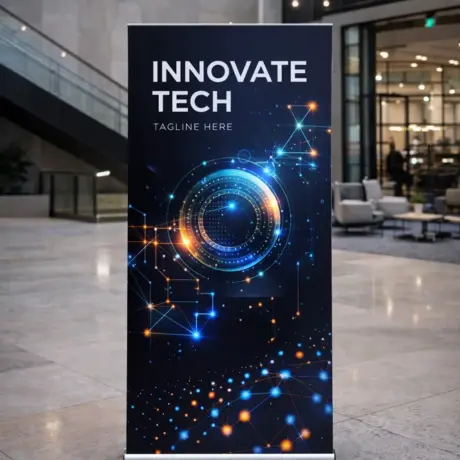Custom roll-up stand printing with futuristic design in a modern office lobby