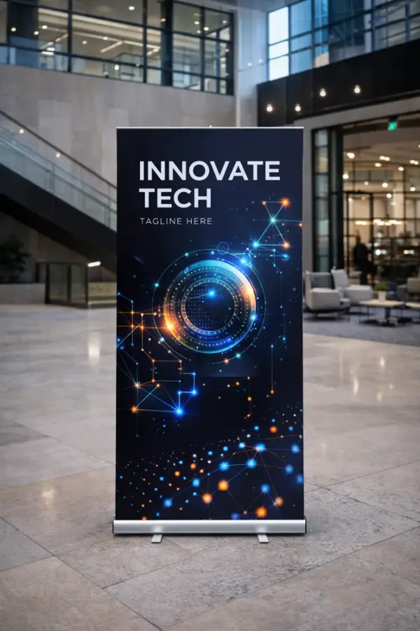 Custom roll-up stand printing with futuristic design in a modern office lobby