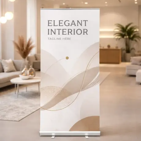 Elegant custom roll-up stand with beige design and high-quality printing in an interior