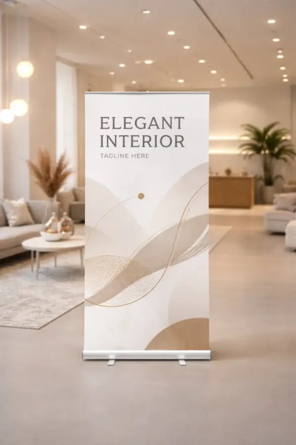 Elegant custom roll-up stand with beige design and high-quality printing in an interior