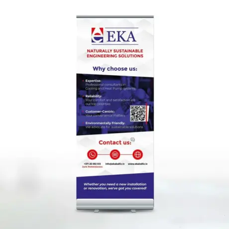 EKA custom roll-up stand printing sample with company contact details
