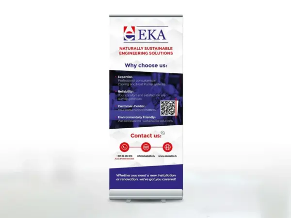 EKA custom roll-up stand printing sample with company contact details