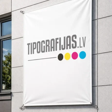 White banner with tipografijas.lv logo on a building wall, custom banner printing