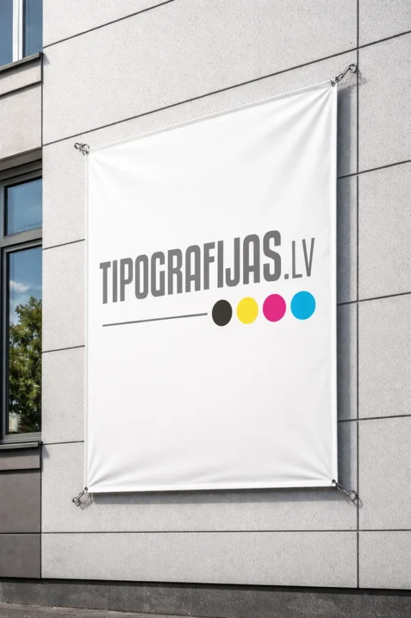 White banner with tipografijas.lv logo on a building wall, custom banner printing