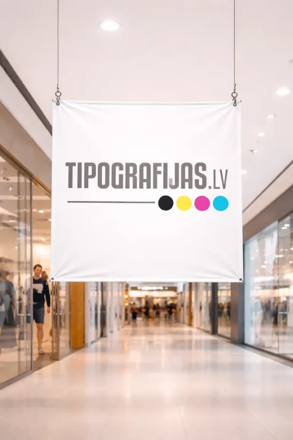 Tipografijas.lv custom banner printing banner displayed in a shopping mall