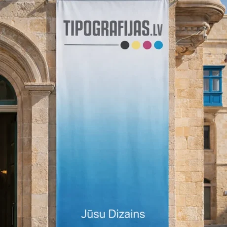 Vertical custom banner printing display on a building facade