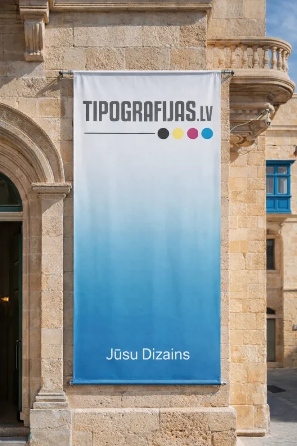 Vertical custom banner printing display on a building facade