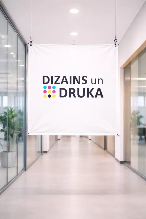 Custom banner printing sample: white banner with 'Design and Print' in an office hallway