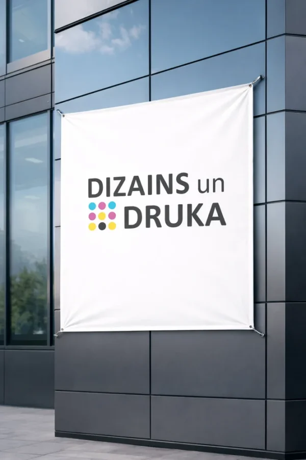Custom banner printing on a building facade with the text Design and Print