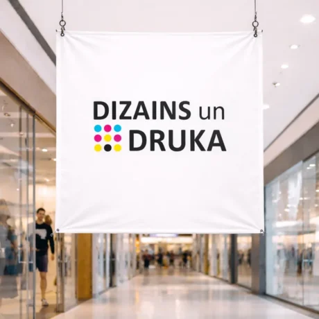 Custom printed banner hanging in a shopping mall with the text Design and Print