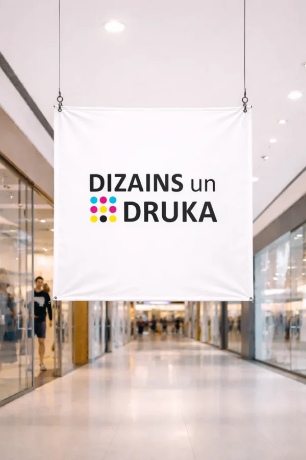 Custom printed banner hanging in a shopping mall with the text Design and Print