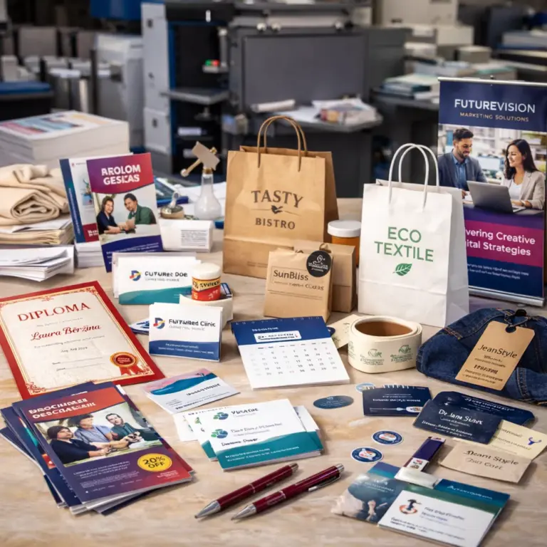 Various print and promotional materials on a table in a print shop with paper bags and brochures