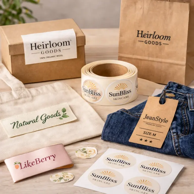 Cardboard box, paper bag, stickers, fabric tote bag and jeans with branded labels