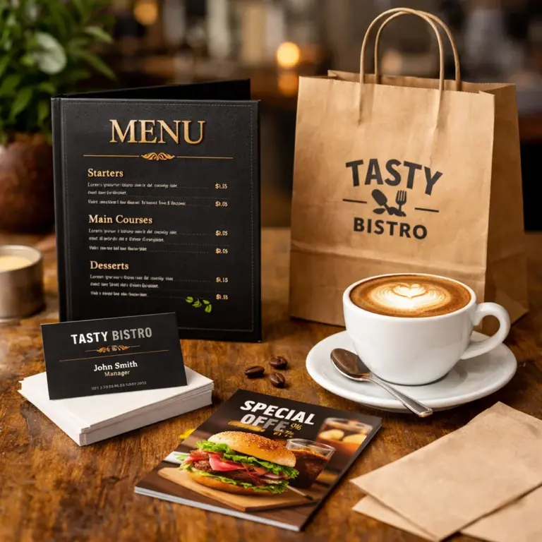Restaurant menu, paper bag, business cards, promo leaflet and a cup of coffee on a table