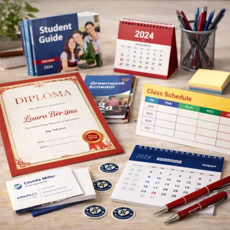 On the table: diploma, calendars, class schedule, pens and student brochures