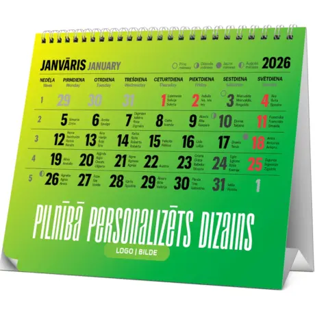 Green spiral custom desk calendar with personalized design for 2026