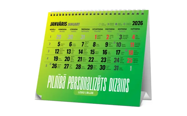 Green spiral custom desk calendar with personalized design for 2026
